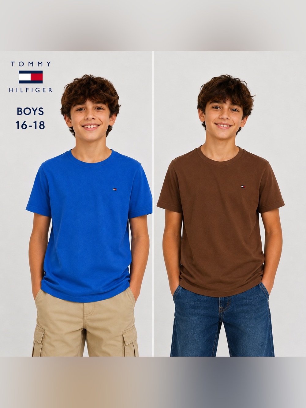 Tommy Hilfiger Boys 2-Piece Logo T-Shirt Bundle Size L 16-18 Blue Brown